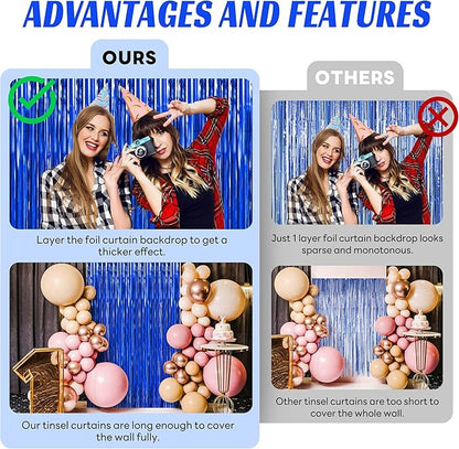 BTSD-home Blue Foil Fringe Curtain, Metallic Photo Booth Backdrop Tinsel Door Curtains for Wedding Birthday Bridal Shower Baby Shower Bachelorette Christmas Party Decorations(4 Pack, 8ft x 3ft)