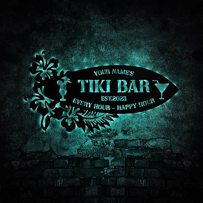 Personalized Tiki Bar Decor LED Tin Metal Sign Wall Art, Backyard Grill Pool Area Decorations, Poolside Tiki Bar Beach House Gifts