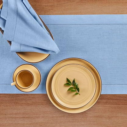 Solino Home Linen Cornflower Blue Table Runner 132 Inches Long - 100% Pure Linen Hemstitch 14 x 132 Inch Table Runner for Dining - Classic Hemstitch