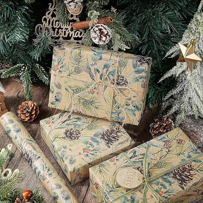 RUSPEPA Kraft Christmas Wrapping Paper Roll, Mini Roll, Watercolor Pinecone and Eucalyptus Leaf Design, Kraft Gift Wrap for Christmas, Winter Holiday Party, Rustic Natural Theme, 17 Inches x 16.4 Feet