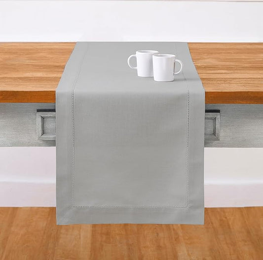 Solino Home Light Grey Table Runner 90 Inches Long - Cotton Linen Hemstitch 14 x 90 Inch Table Runner for Dining, Fall, Autumn, Thanksgiving, Holiday