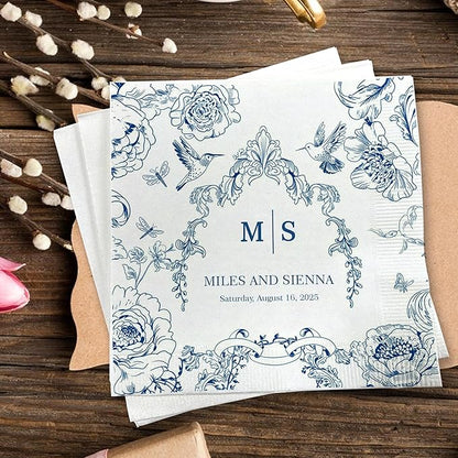 Custom Wedding Cocktail Napkins, Blue Floral Cocktail Napkins, Personalized Paper Napkin for Wedding Reception, Blue and White Flower Paper for Bridal, Engagement Party, Bridal Shower