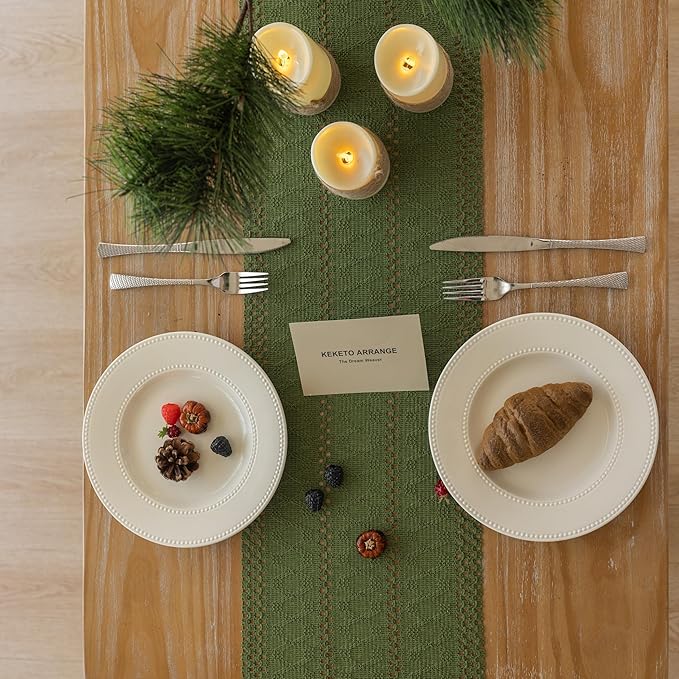 Boho Sage Green Table Runner for Home Decor 12x72 Inches Farmhouse Macrame Burlap Jute Rustic Dining Kitchen Centerpiece Bohemian Decor French Country Baby Bridal Shower Decorations