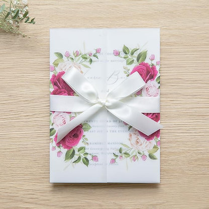 PONATIA 50PCS Vellum Jackets for 5x7 Invitation Cards- 135GSM Fuchsia Flowers Vellum Sleeves Paper 5x7 Jackets - Wedding Invitations Wraps - Transparent Card Jacket