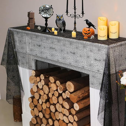 Snowkingdom Halloween Table Runner, 10 FT Black Spider Web Runners Metallic Sequin Sheer Chiffon Gauze Cheesecloth, Black Party Decorations for Halloween Kitchen Dinner Table Birthday Home Indoor