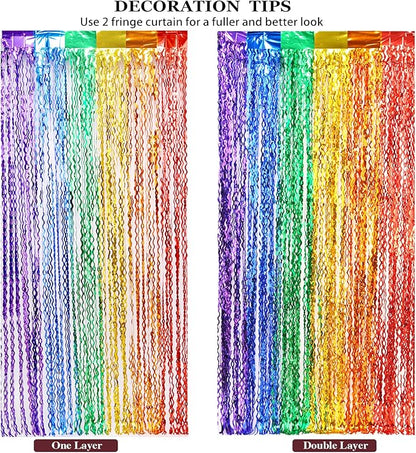 4 Pack Wavy Rainbow Foil Fringe Curtains - Colorful Party Decorations 3.3x6.6ft Tinsel Metallic Streamers Holiday Photo Booth Props Backdrop for Birthday Wedding Engagement