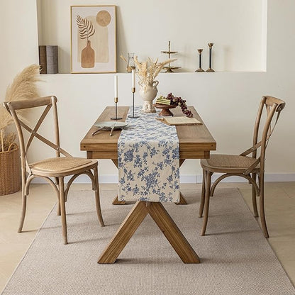 Pastoral Table Runner - 14 x 108 Inch Rectangle - Beige Linen - Washable Tabletop with Dust-Proof Wrinkle Resistant for Restaurant, Picnic, Indoor and Outdoor Dining, Floral (Dark Blue)