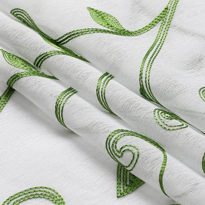 VISIONTEX Embroidered Green Sheer Voile Curtains, Leaves Embroidery Faux Linen Rod Pocket Window Drapes for Living Room and Girls Bedroom 54 x 108 Inch, Set of 2 Curtain Panels
