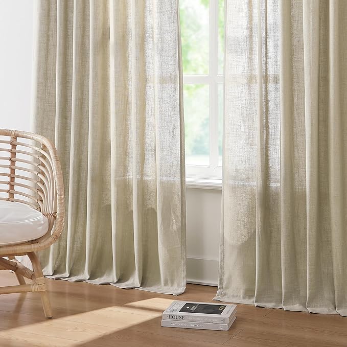 Vision Home Sand Pinch Pleated Semi Sheer Curtains Textured Linen Blended Light Filtering Window Curtains 90 inch for Living Room Bedroom Patio Pinch Pleat Drapes with Hooks 1 Panel 60" Wx90 L