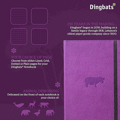 Dingbats* Wildlife Grid Writing Journal Notebook A5 - Vegan Leather Hardcover - Ideal for Work, Travel - Pocket, Elastic Closure, & Bookmark