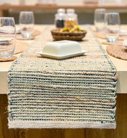 Chardin Home Natural Jute Table Runner 13x72 Inch – Vintage Boho Rustic Table Decor – Handwoven Table Runner in Natural Jute and Green – Farmhouse Dining or Console Table Accent