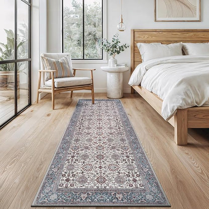 Bloom Rugs Washable Non-Slip 7 ft Runner - Teal/Blue/Beige Traditional Oriental Runner for Entryway, Hallway, Bathroom, and Kitchen - Exact Size: 2.5' x 7'