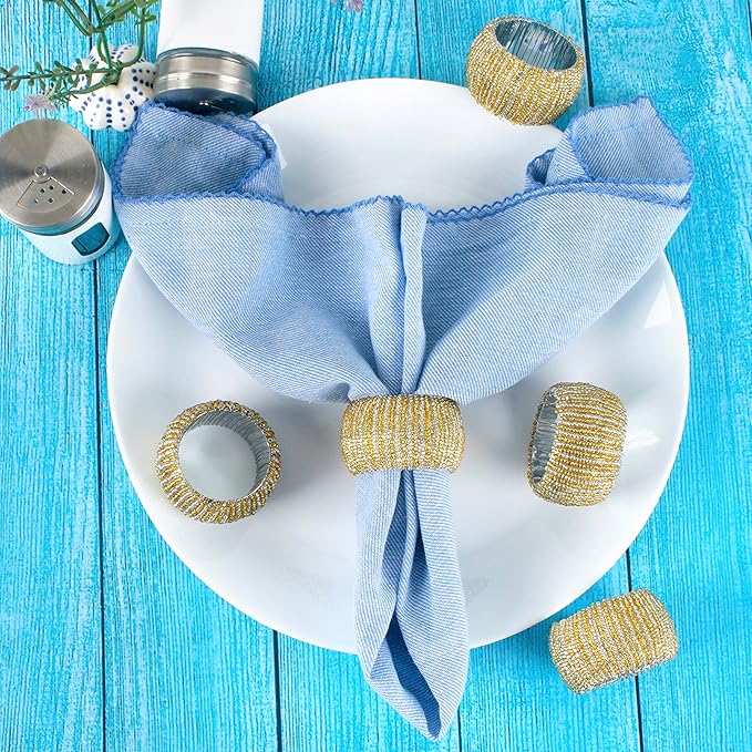 Decorative Beaded Napkin Rings Set of 12 - Rhinestone Serviette Holder for Table Décor, Christmas, Thanksgiving, Weddings, Parties, Artisan Festive Luxury Dining Napkin Holders (Yellow) - CLEENTABLE