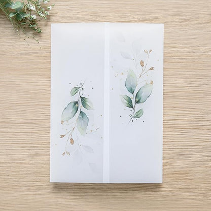 PONATIA 50PCS Vellum Jackets for 5x7 Invitation Cards - 135GSM Green Leaves Vellum Sleeves, 5x7'' Clear Jackets Wedding Invitations Wraps - Transparent Card Jackets