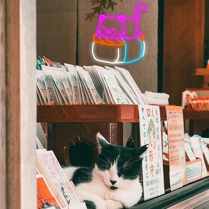 Sushi Cat Neon Sign Delicious Japanese Sushi LED Light Sign for Wall Decor Dimmable Cute Cat Neon Light for Sushi Shop Japanese Restaurant Kitchen Supermarket Cafe Bar home Party Girl Boy