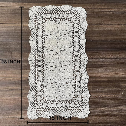 Phantomon Lace Table Runner Rectangular Table Cover Cloth Handmade Crochet Floral Placemats 100% Cotton (Floral Beige, 15x28Inch)