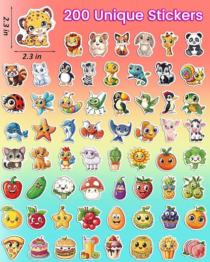 JCFIRE 200PCS Stickers for Kids, Waterproof Cute Mixed Animal Food Vinyl Scrapbook Stickers for Water Bottle, Book, Laptop, Goodie Bags Stuffers Kids Party Favors, Classroom Supplies Must Haves