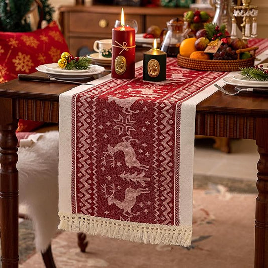 Table Runners 138 Inches,Elk Table Runner with Tassel Fringe,Christmas Table Runner for Party，Coffee Table, Festival