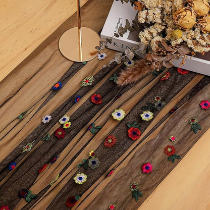 BINBE 1pcs Black Daisy Fall Table Runner Embroidery Gauze 10FT Florals Seasonal Tulle Holiday Birthday Kitchen Dining Table Decor for Home Party