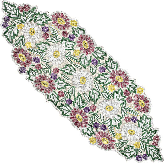 Luxury Beaded Table Runner - 13x36 Inches Handcrafted Spring Floral Design with Glass Beads & Polyester Back - Elegant Table Decor for Dining, Coffee Table & Events (Multi) - CLEENTABLE