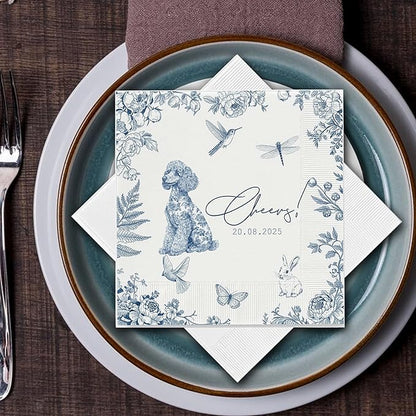 Luxury Personalized Dog Wedding Napkins, Custom Wedding Cocktail Napkin, Blue Floral Cocktail Napkins, Blue and White Flower Paper for Bridal, Engagement Party, Bridal Shower