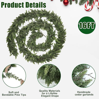 Realistic Christmas Garland for Mantle 16FT Real Touch Thick/Lush Artificial Cedar Garlands Christmas Decorations Indoor Christmas Garland for Stairs Railing Outdoor Table Holiday Decor Greenery