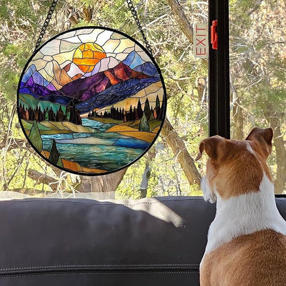 Stained Glass Window Hanging, Blue Lake Golden Sun Abstract Mountains Landscape Suncatcher for Doors Window Home Sun Catchers Decor Mother's Day Birthday Gifts for Women Men Mom 15 in