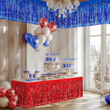 2 Pack Red Dark Blue Table Skirts, 29x108" Metallic Foil Tinsel Fringe Table Skirt for Rectangle Tables Streamer Curtains Backdrop, Party Decorations for Birthdays, Weddings, Holidays