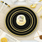 BESTVIP 300PCS Black Gold Dinnerware Set for 50 Guests, Plastic Plates for Halloween Party and Christmas, 50 Disposable Plates, 50 Dessert Plates, 50 Cups, 50 Spoons, 50 Forks and 50 Knives