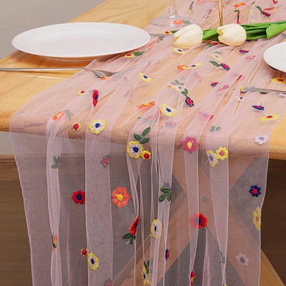 BINBE 3pcs Pink Daisy Fall Table Runner Embroidery Gauze 10FT Florals Seasonal Tulle Holiday Birthday Kitchen Dining Table Decor for Home Party