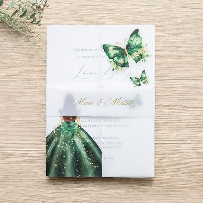 PONATIA 50 PCS Vellum Jackets for 5x7 Invitations - Vellum Paper 5x7 Jackets - 135GSM Emeral Green Girl - Butterfly Quinceanera Invitations Wraps (Emerald Green Girl)
