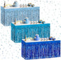 3 Pack Blue Series Table Skirts, 29x108" Metallic Foil Tinsel Fringe Table Skirt for Rectangle Tables Streamer Curtains Backdrop, Party Decorations for Birthdays, Weddings, Holidays