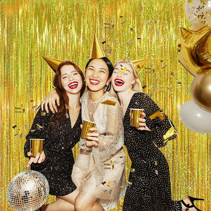 GOER 6.4 ft x 8.2 ft Metallic Tinsel Foil Fringe Curtains,Pack of 2 Party Streamer Backdrop for Birthday,Graduation Decorations and New Year Eve (Shiny Gold)