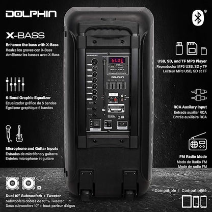 Dolphin 1000W Karaoke Party Speaker with 2 Wireless Microphones, Bluetooth, LED Lights, Tailgate Ready, and Long-Lasting Battery