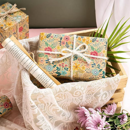 WRAPAHOLIC 30 Inch Jumbo Kraft Floral Wrapping Paper Roll - 30 Inch x 100 Feet Jumbo Roll - Spring Summer Garden Flower Design Perfect for Wedding, Bridal Shower, Birthday
