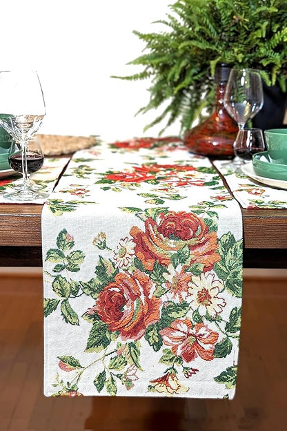 Tache Sweet Roses Spring Summer Traditional Country Vintage White Red Floral Decorative Woven Tapestry Dresser Kitchen Coffee Table Runners, 13x54