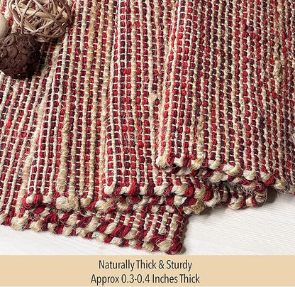 Chardin home Natural Jute Table Runner 13x48 Inch – Vintage Boho Rustic Table Decor – Handwoven Table Runner in Natural Jute and Red – Farmhouse Dining or Console Table Accent