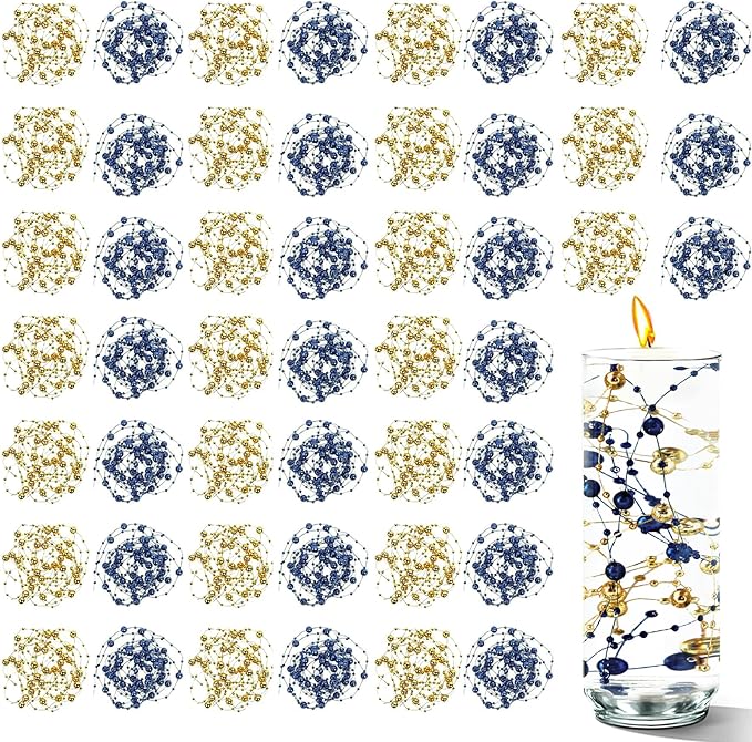 50 PCS Artificial Floating Beads for Centerpieces & Vase Fillers - Navy Blue&Gold 8+3mm String Beads, Faux Pearl Strings for Wedding, Party, Crafts, and Home Decoration