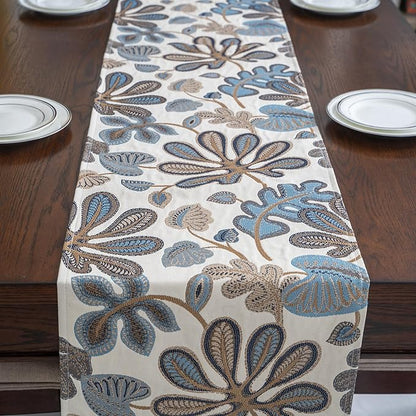 Mika Home Tropical Leaf Table Runner for Home Decor 13X90 Inches Blue Brown Seasonal Dining Table Decoration for Home