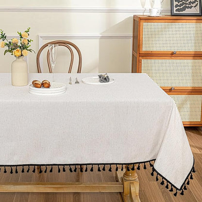 MYSKY HOME Table Cloth 60x120 in Rectangle, Heavy Duty Cotton Tassel Linen Look Waterproof Tablecloths Farmhouse Tablecloth, Wrinkle Free Table Cover with Black Tassels for Kitchen Dining, Party
