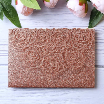 20 Pcs Laser Cut Wedding Invitations Card Pocket with Envelope for Birthday Party Baby or Bride Shower Invite suitable for 5 * 7 Inches Insert Paper (Rose Gold Glitter)