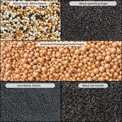 Confect Masquerade Sprinkles Mix – Champagne Gold & Black Pearl Dragees, Black Jimmies & Sparkling Sugar | Edible Sprinkles for Cakes, Cupcakes & Desserts | Vegan, Gluten-Free, Nut-Free, Soy-Free, Dairy-Free, Palm Oil-Free- 5 Oz