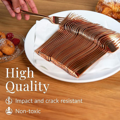 Prestee Set of 100 Rose Gold Plastic Forks Disposable - 7-in Heavy-Duty Fork Flatware - Bulk Pack Fancy Silverware - Sturdy Pink Cutlery for Weddings, Birthday Parties, Buffets, Catering and Events