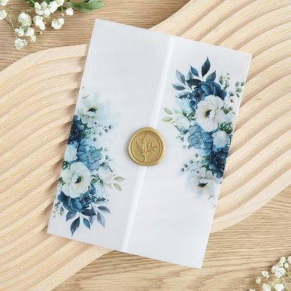 PONATIA 50PCS Vellum Jackets for 5x7 Invitation Cards- 135GSM Dusty Blue Flowers Vellum Sleeves, Wedding Invitations Wraps - Transparent Christmas Gift Cards Jackets