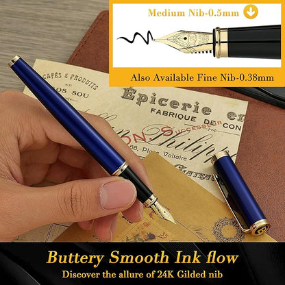 BEILUNER Blue Fountain Pen,Stunning Luxury Pens with 24K Gold Finish, Gorgeous 24K Gilded Nib(Medium), Fancy Pen Gift for Men&Women -Ink Converter-Elegant, Reliable,Nice Pen for Writing