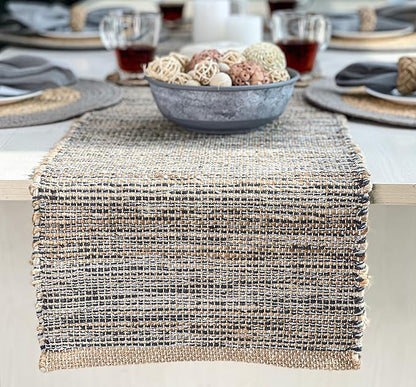 Chardin home Natural Jute Table Runner 13x90 Inch – Vintage Boho Rustic Table Decor – Handwoven Table Runner in Natural Jute and Grey – Farmhouse Dining or Console Table Accent