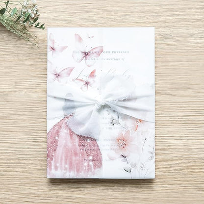 PONATIA 50 PCS Vellum Jackets for 5x7 Invitations - 135GSM Pink Girl Vellum Jacket Sleeves - Butterfly Quinceanera Invitations Wraps for XV Anos