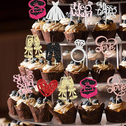 Gyufise 30Pcs She Said Yes Cupcake Toppers Glitter Diamond Ring I Do Love Cupcake Picks Miss to Mrs He Asked Bridal Shower Wedding Engagement Bachelorette Cake Decoration Multicolor