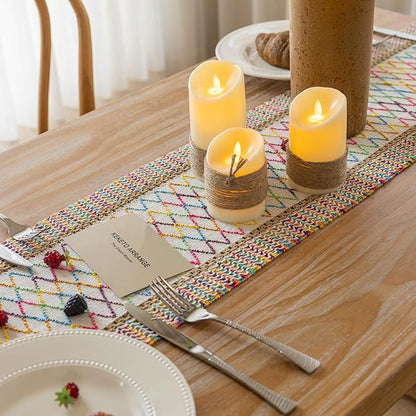 Boho Table Runner Colorful for Home Decor 12x48 Inches Farmhouse Macrame Burlap Jute Rustic Dining Kitchen Centerpiece Bohemian Decor French Country Baby Bridal Shower Decorations