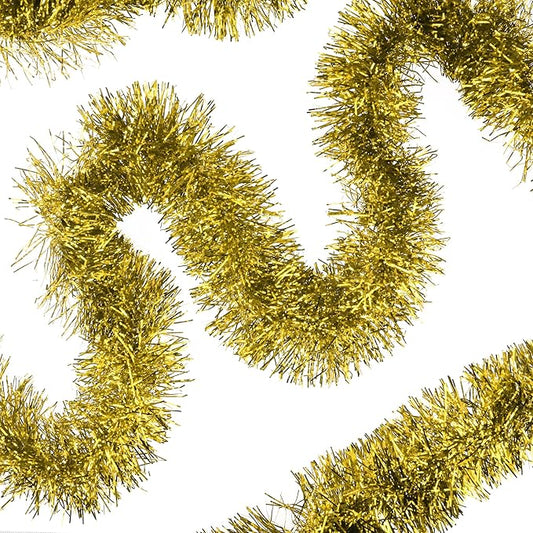 32.8 Ft Gold Christmas Tinsel Garland Metallic Shiny Tassle Banner Wall Hanging Tinsel Streamers Backdrop for Christmas Holiday Birthday Party Supplies Indoor Outdoor Ornaments Home Decor